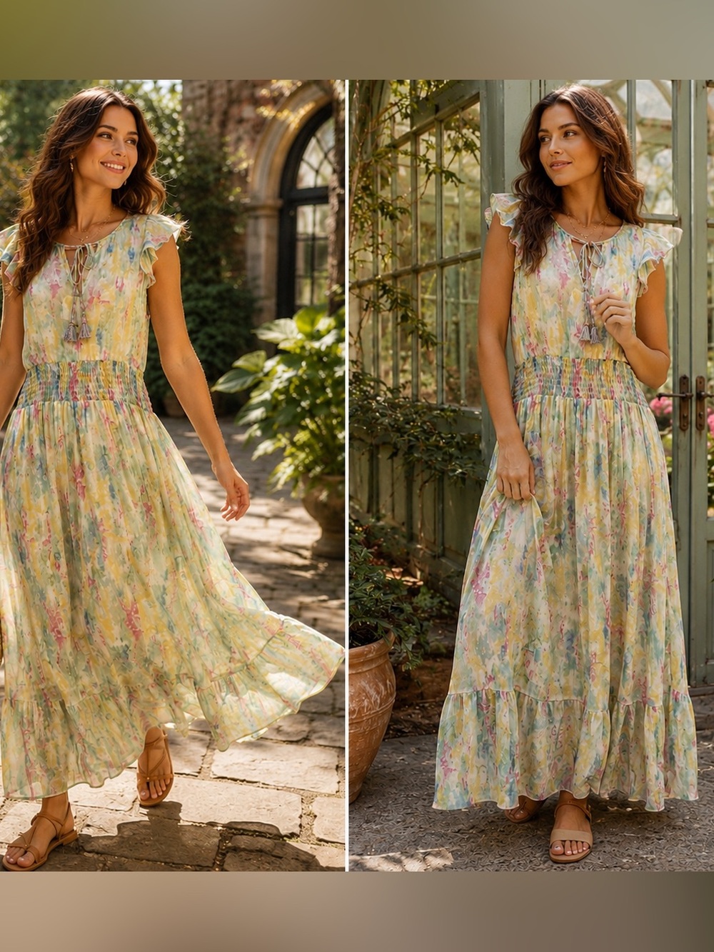 Anthropologie 100% Viscose Watercolor Smocked Waist Maxi Dress US 4 Cottagecore